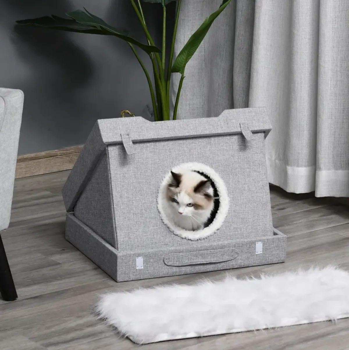 Grey Cat Retreat: Foldable Wooden 2-in-1 Kitten House with Cushions