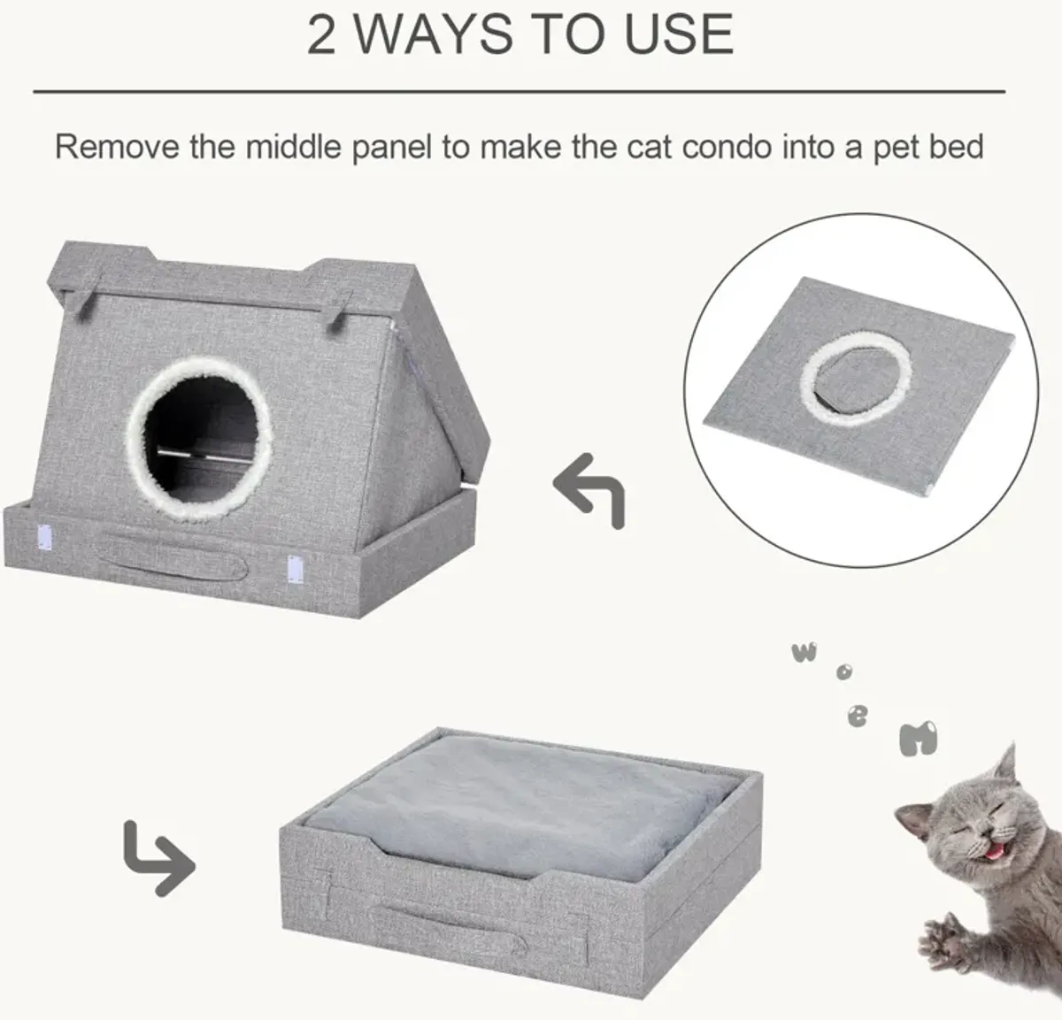 Grey Cat Retreat: Foldable Wooden 2-in-1 Kitten House with Cushions