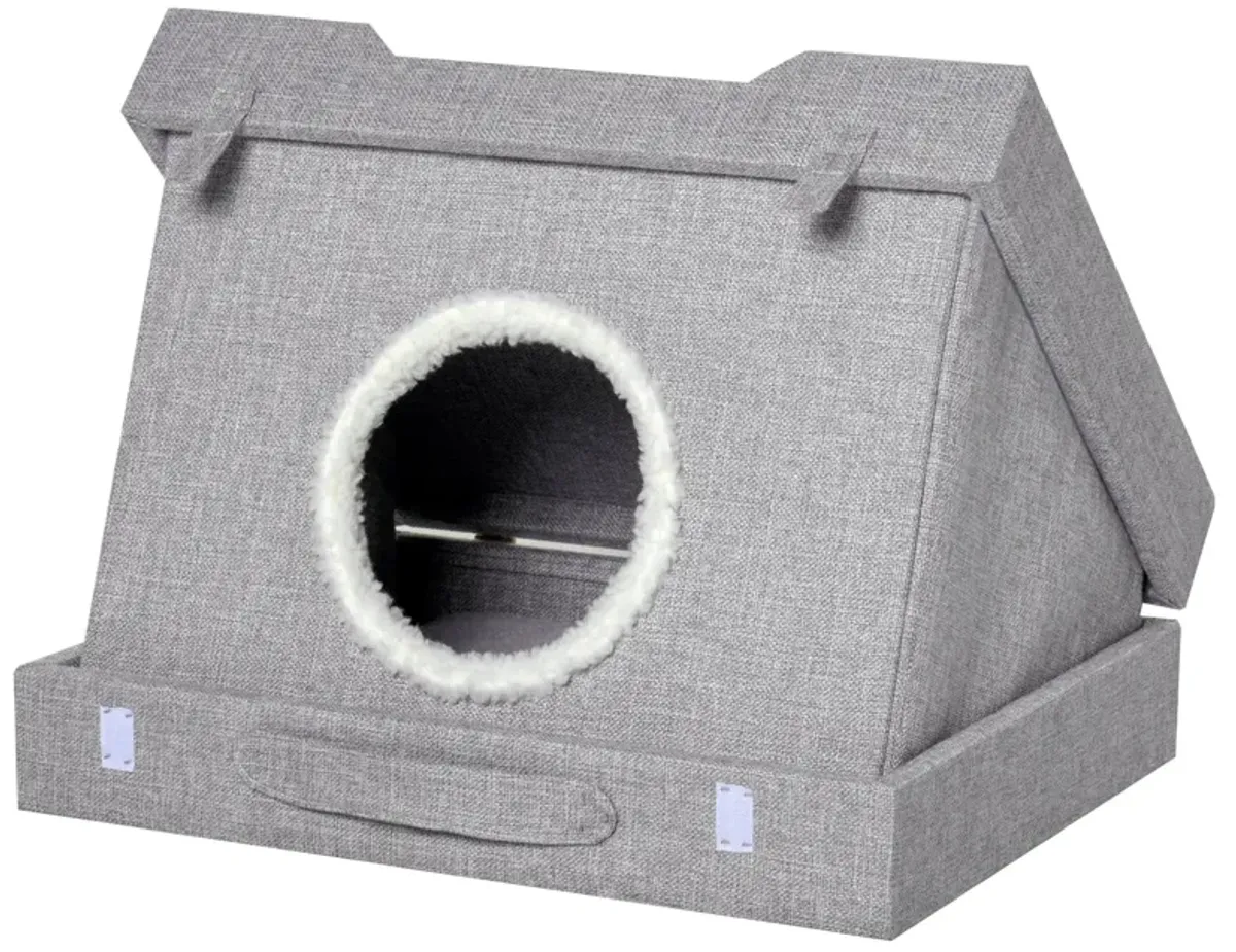 Grey Cat Retreat: Foldable Wooden 2-in-1 Kitten House with Cushions