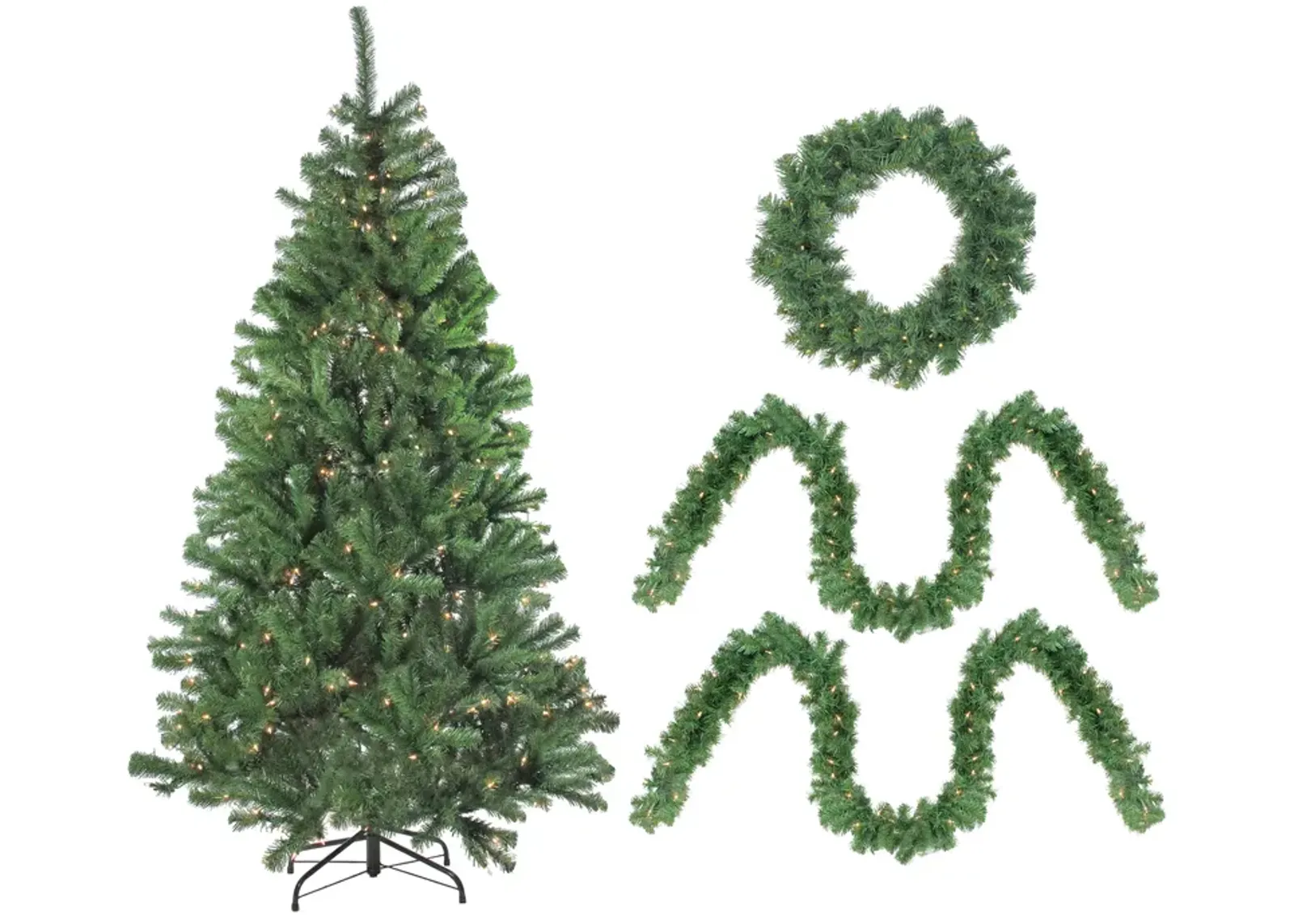 4-Piece Artificial Winter Spruce Christmas Tree  Wreath and Garland Set 6.5' - Clear Lights