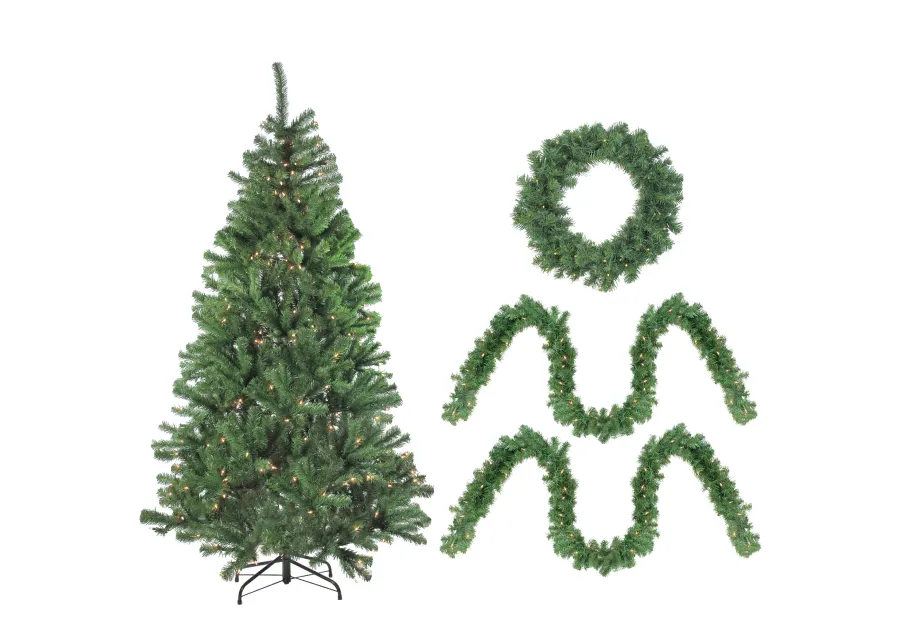 4-Piece Artificial Winter Spruce Christmas Tree  Wreath and Garland Set 6.5' - Clear Lights