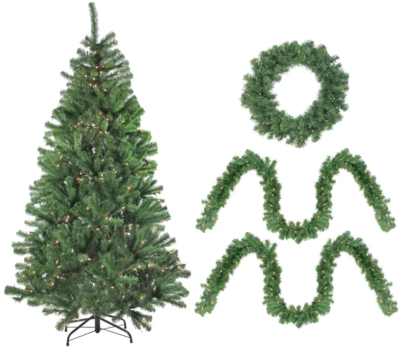 4-Piece Artificial Winter Spruce Christmas Tree  Wreath and Garland Set 6.5' - Clear Lights