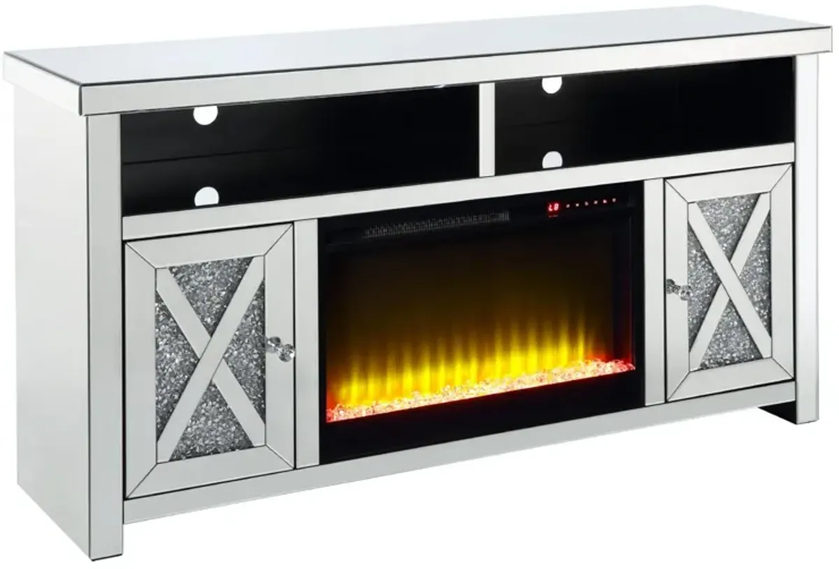 TV Stand with Electric Fireplace and Beveled Mirror Framing, Silver - Benzara