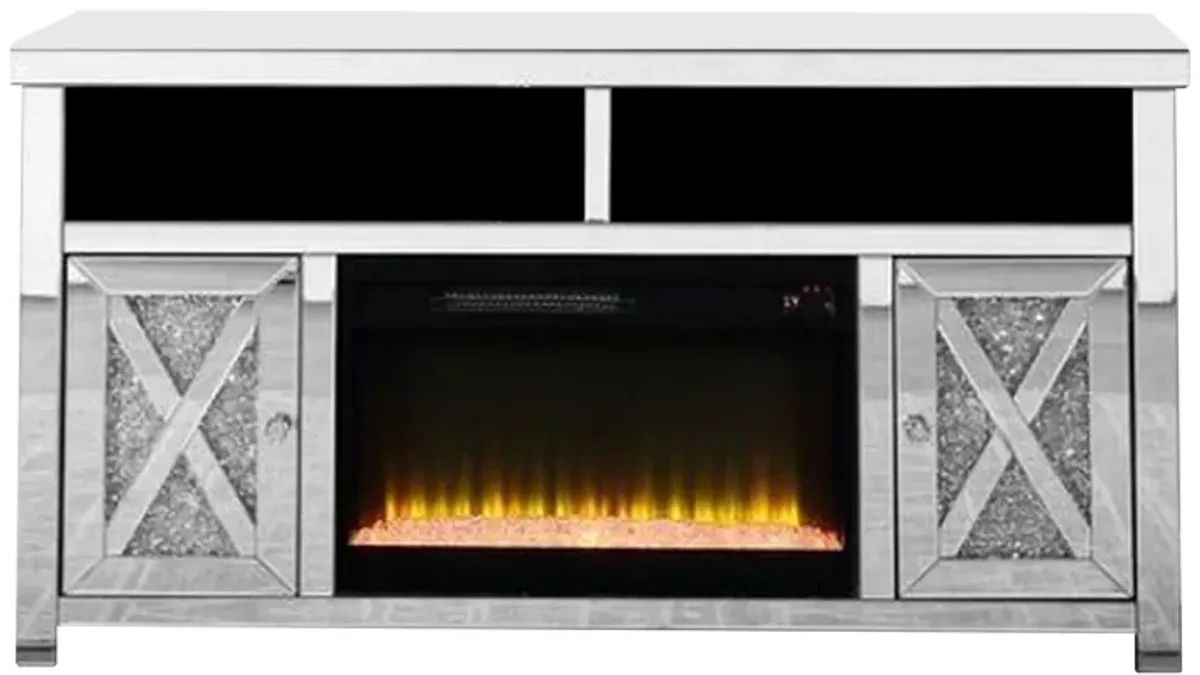 TV Stand with Electric Fireplace and Beveled Mirror Framing, Silver - Benzara