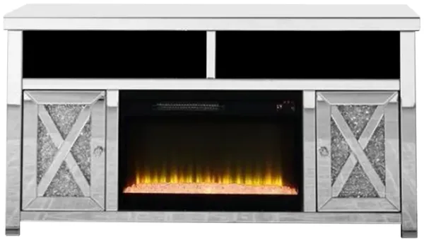 TV Stand with Electric Fireplace and Beveled Mirror Framing, Silver - Benzara