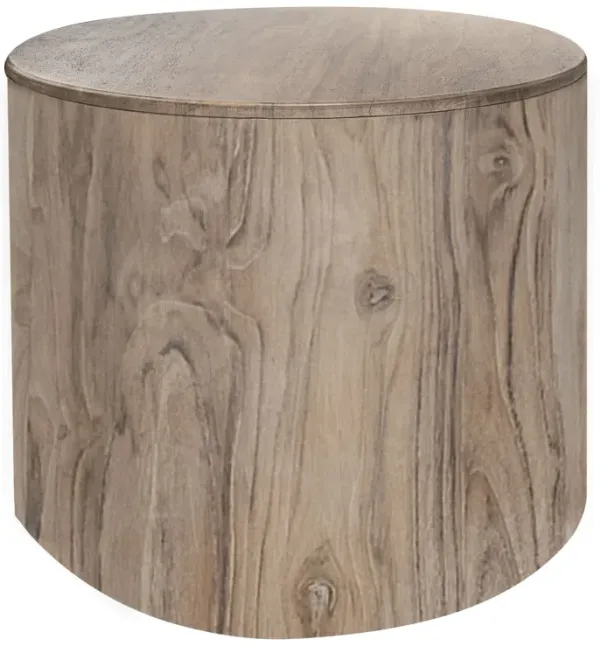 Eray Side End Table, Drum Shape Light Brown Teak, Mango Wood, 24 Inch