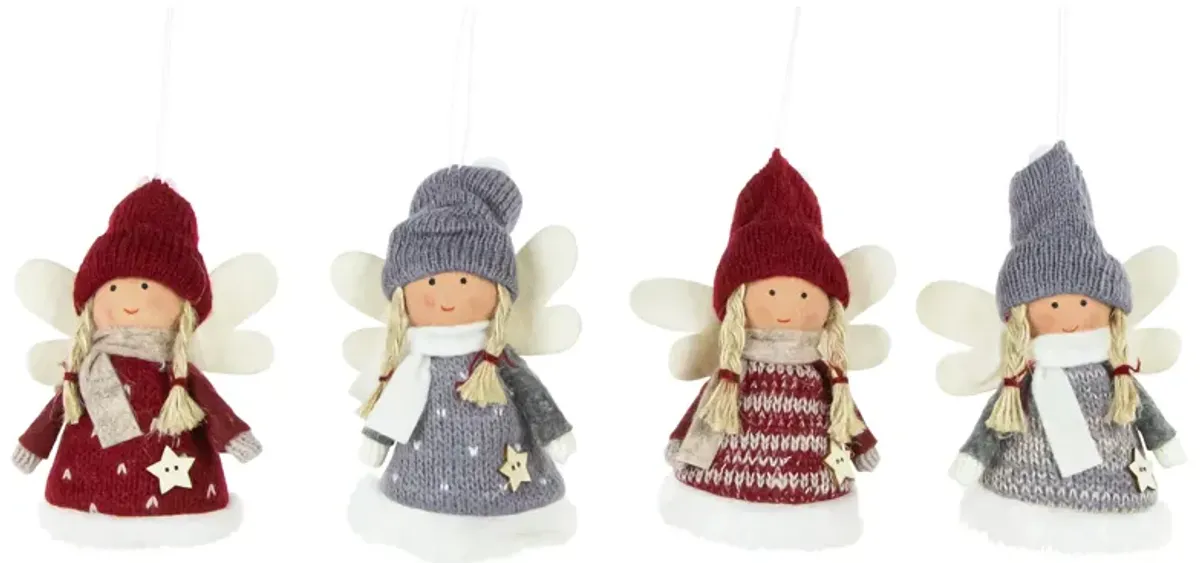 Set of 4 Red and Gray Plush Angel Christmas Ornaments 4.25"