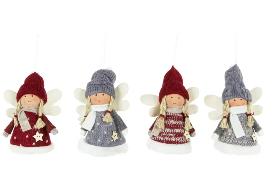 Set of 4 Red and Gray Plush Angel Christmas Ornaments 4.25"