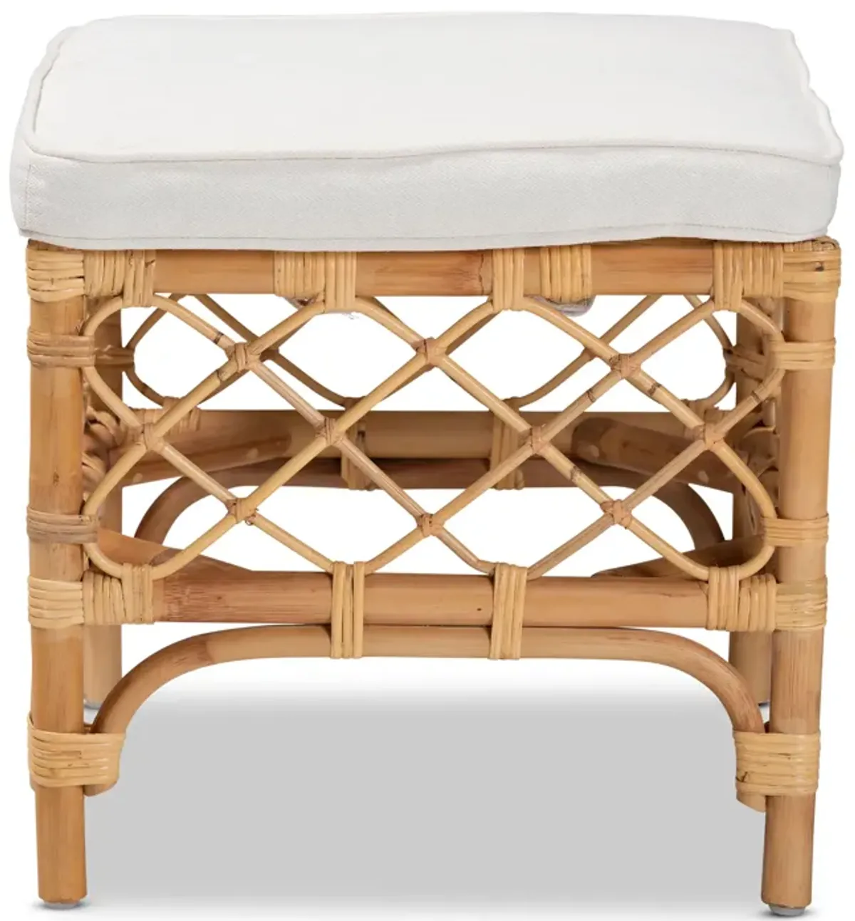 Baxton Studio Orchard Modern Bohemian White Fabric Upholstered Rattan Ottoman