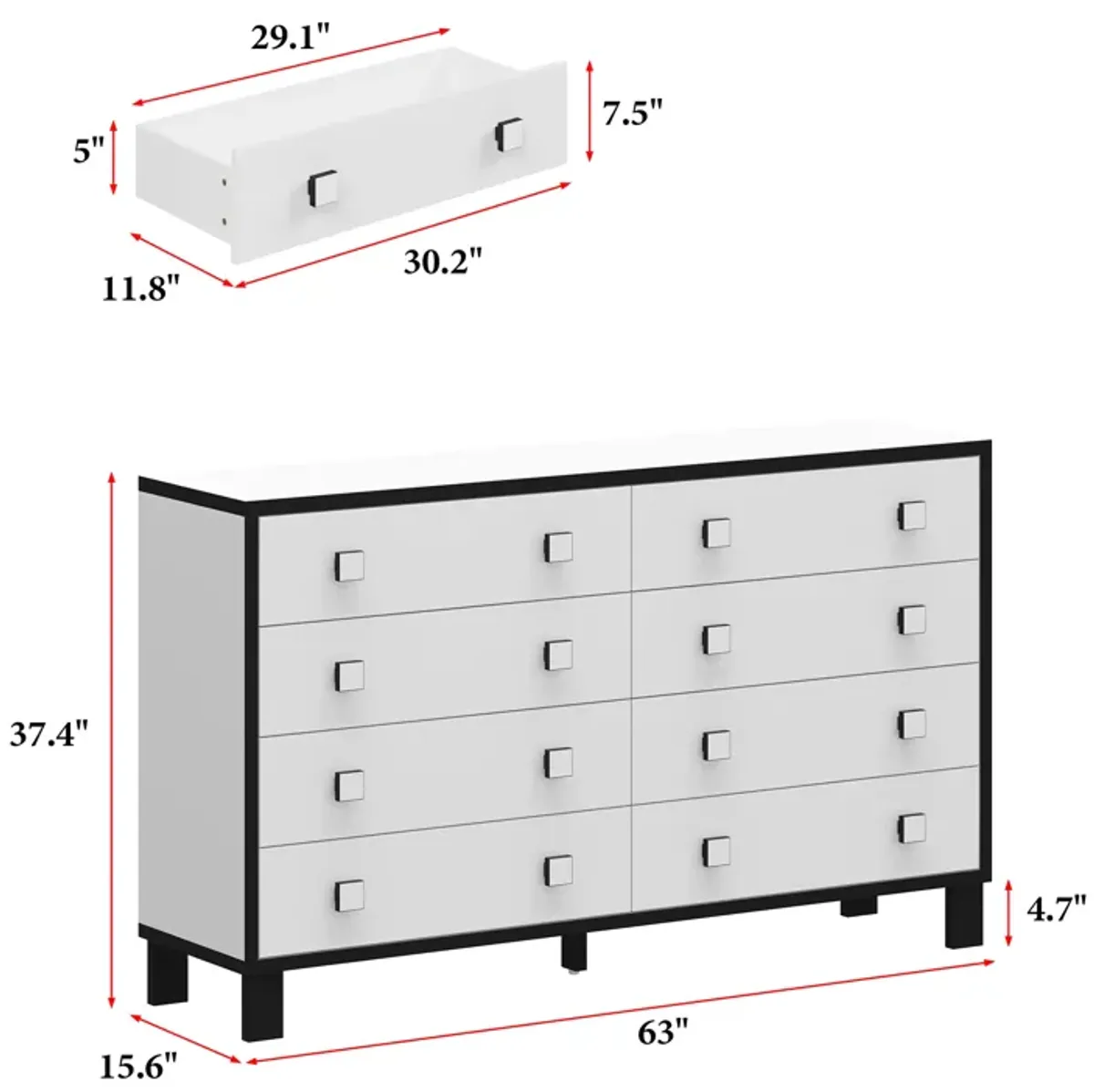 FUFU&GAGA 8-Drawer Modern Dresser, Storage Chest with Spacious Drawers (63" W x 15.6" D x 37.4" H), White