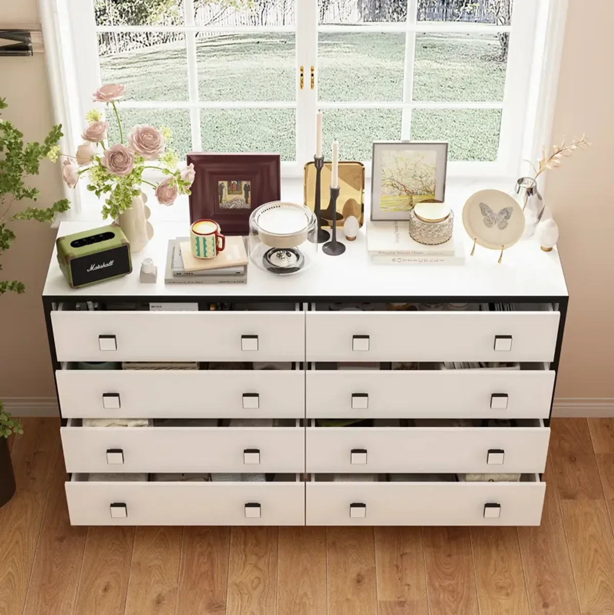 FUFU&GAGA 8-Drawer Modern Dresser, Storage Chest with Spacious Drawers (63" W x 15.6" D x 37.4" H), White