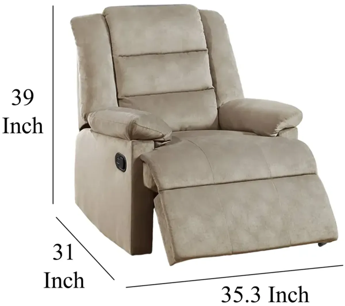 Kori Manual Recliner Chair, Soft Cushioned Beige Velvet, Solid Wood - Benzara