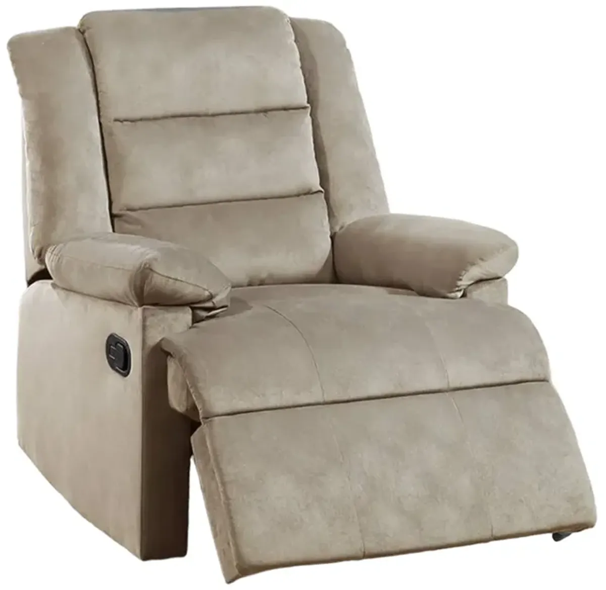 Kori Manual Recliner Chair, Soft Cushioned Beige Velvet, Solid Wood - Benzara