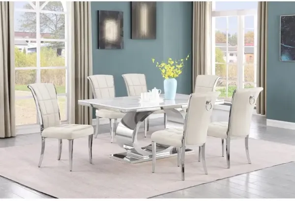 7pc Small(68") marble top dining set with silver base and 6 Cream side chairs
