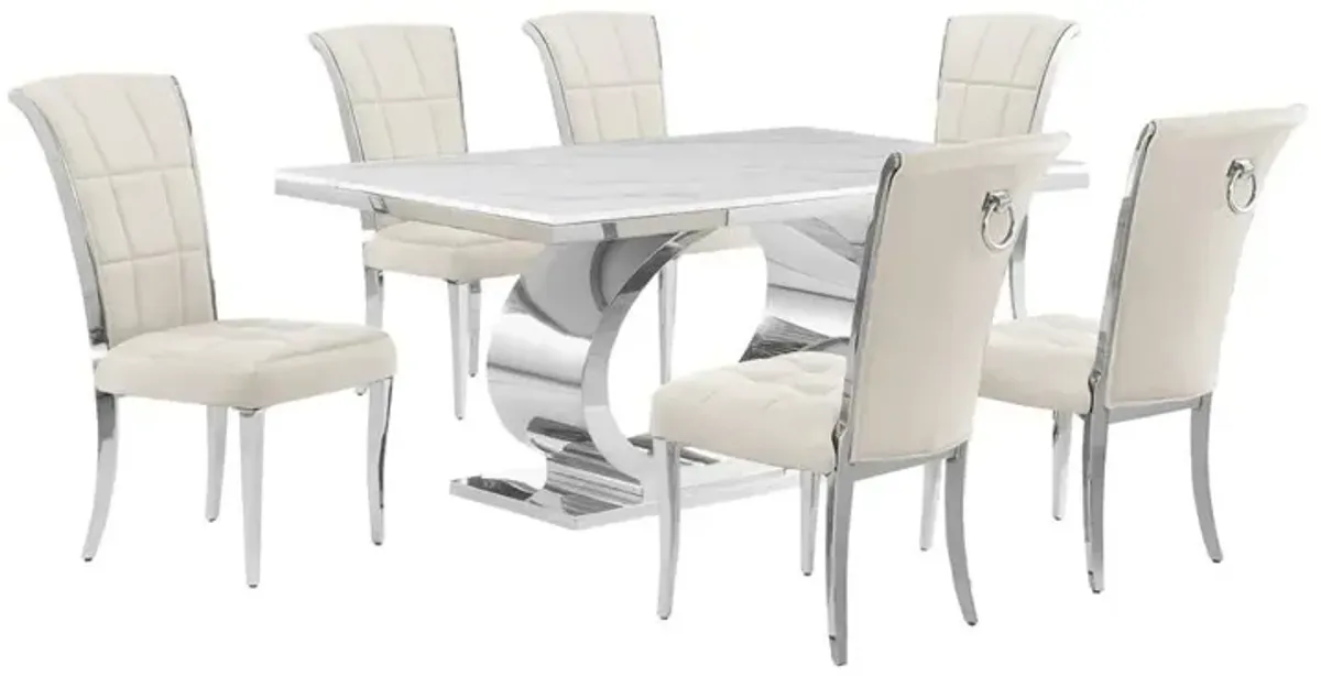 7pc Small(68") marble top dining set with silver base and 6 Cream side chairs