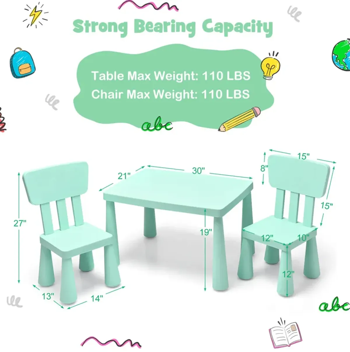 3 Pieces Toddler Multi Activity Play Dining Study Kids Table and Chair Set