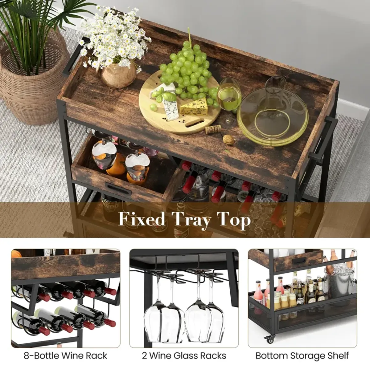 3-Tier Industrial Buffet Serving Cart with Wine Rack