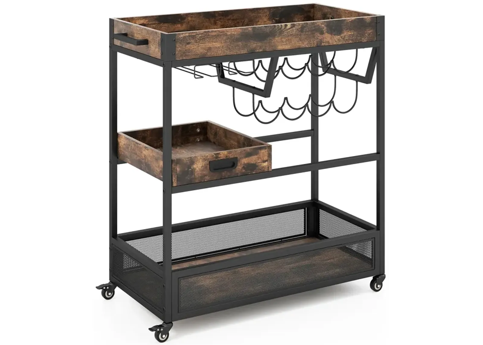 3-Tier Industrial Buffet Serving Cart with Wine Rack