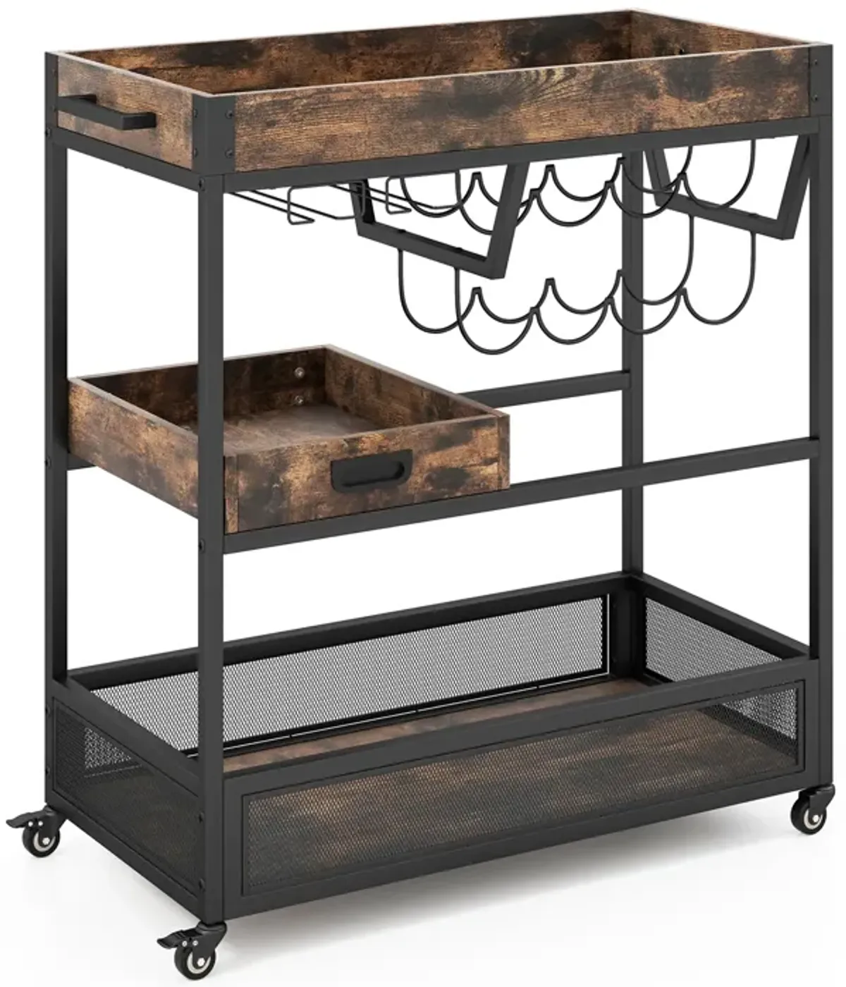 3-Tier Industrial Buffet Serving Cart with Wine Rack