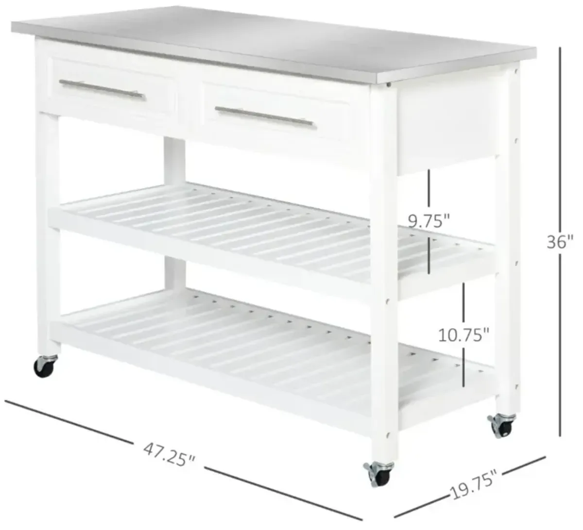 Hivvago White Rolling Kitchen Island 2 Drawers Storage with Stainless Steel Top