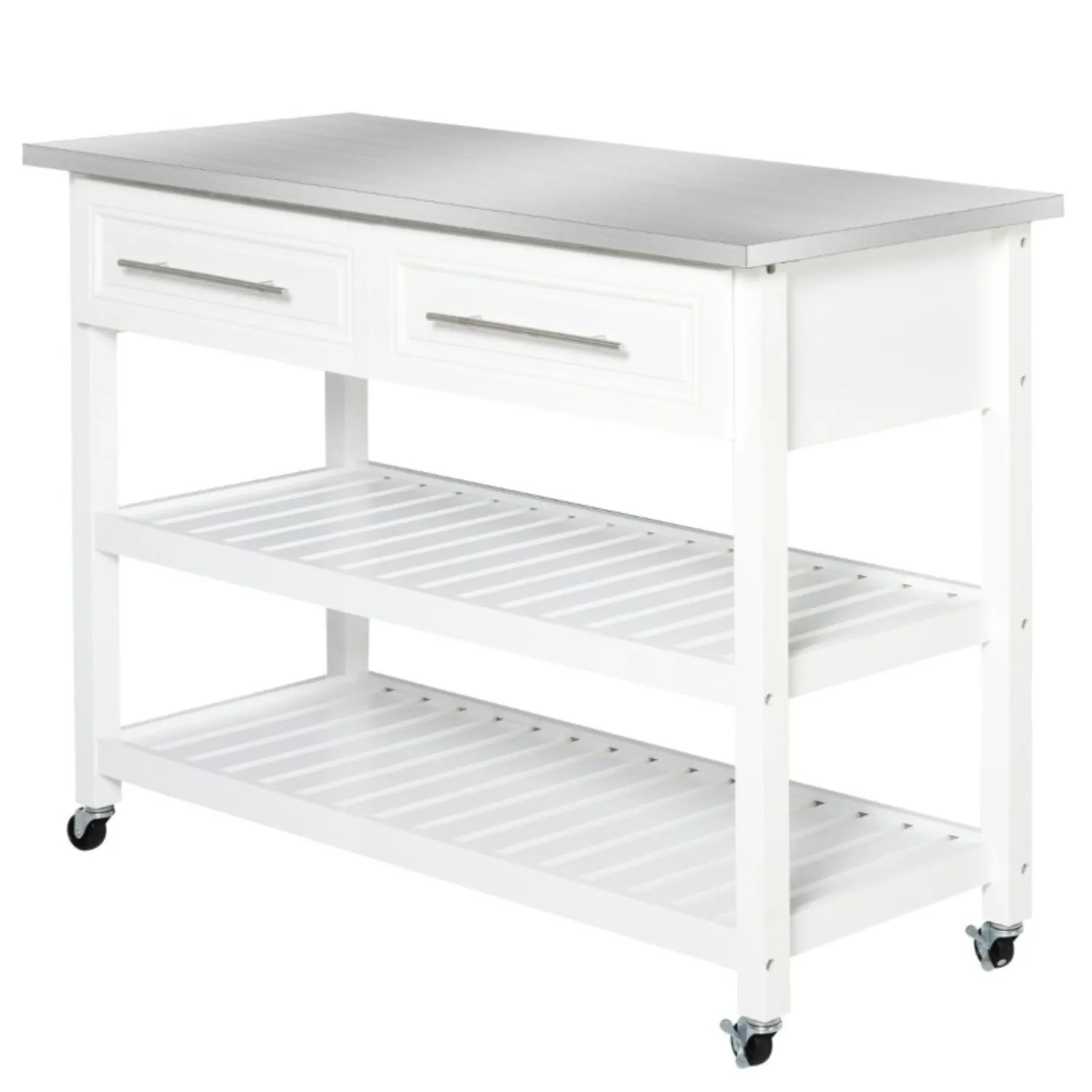 Hivvago White Rolling Kitchen Island 2 Drawers Storage with Stainless Steel Top