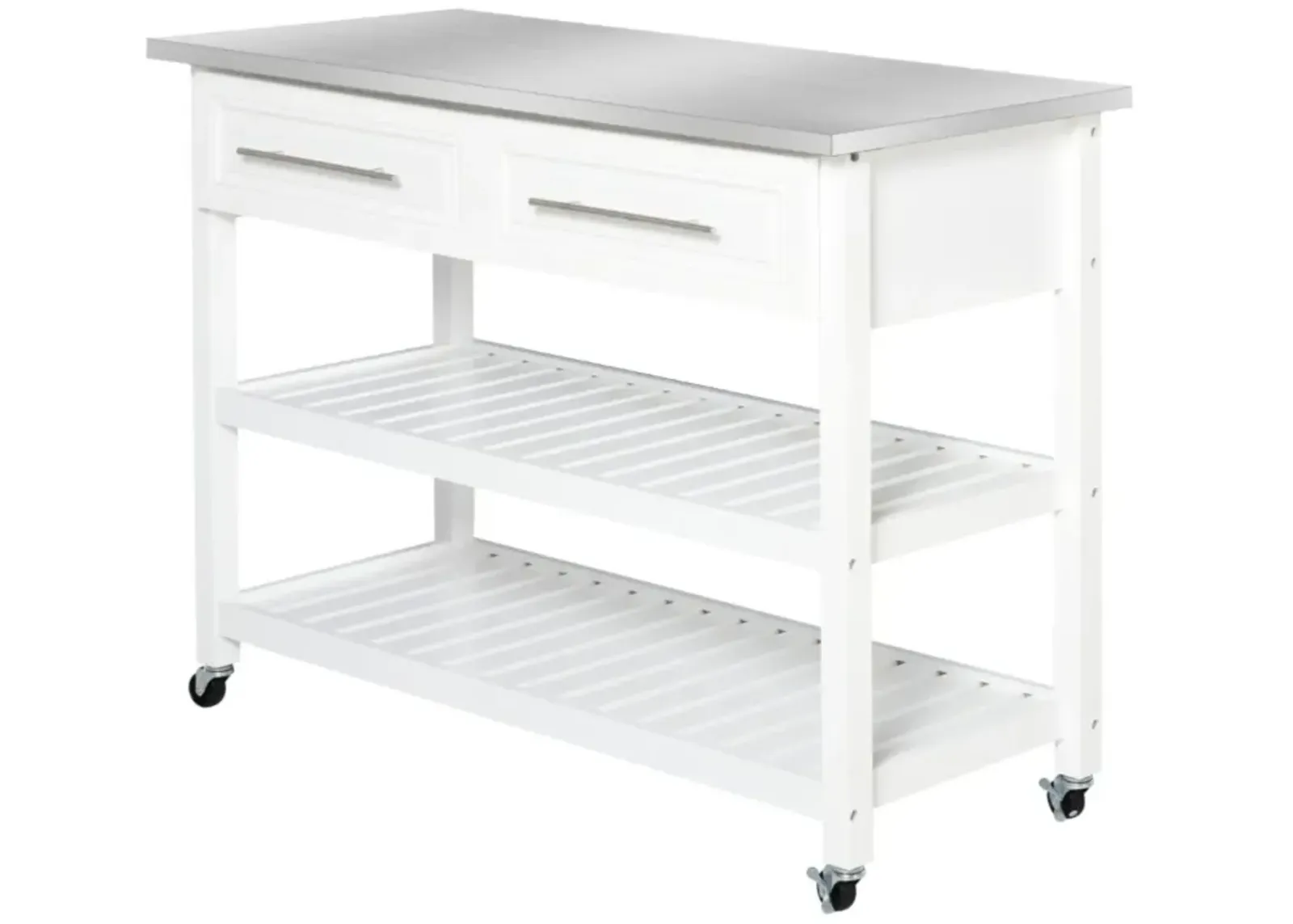 Hivvago White Rolling Kitchen Island 2 Drawers Storage with Stainless Steel Top