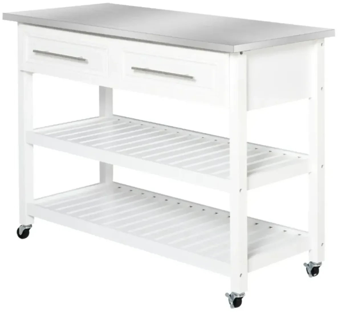 Hivvago White Rolling Kitchen Island 2 Drawers Storage with Stainless Steel Top