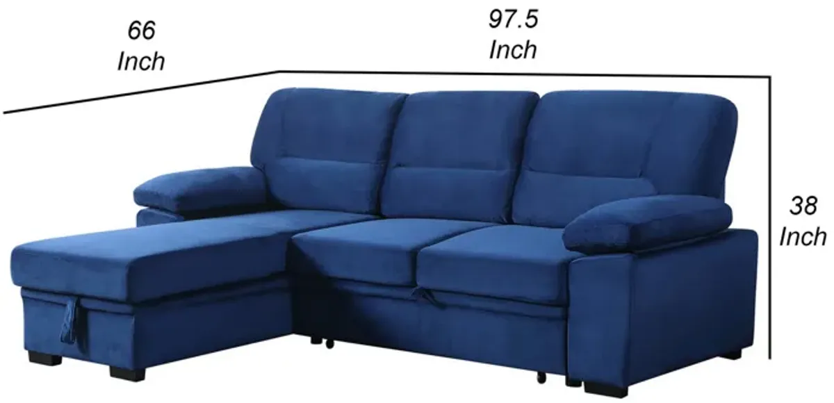 Exie 98 Inch 2 Piece Sectional Sofa, Pull Out Bed, Storage, Blue Velvet-Benzara