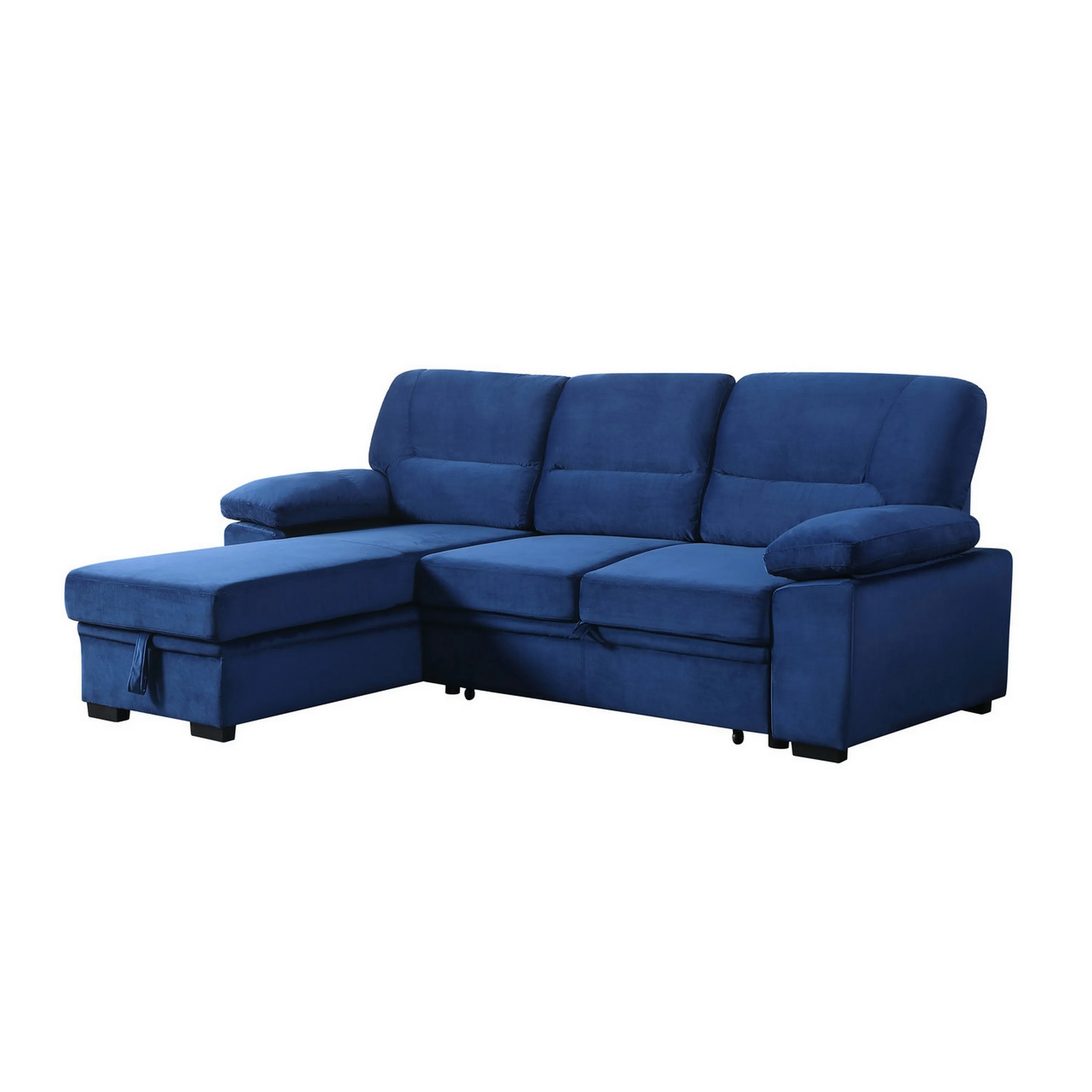 Exie 98 Inch 2 Piece Sectional Sofa, Pull Out Bed, Storage, Blue Velvet-Benzara