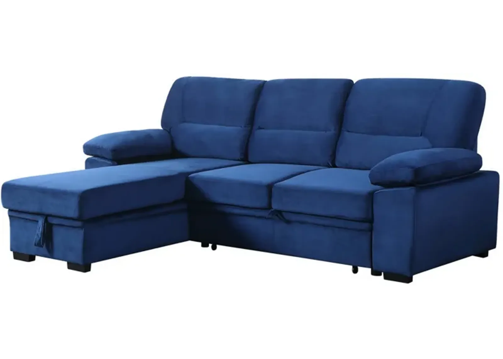 Exie 98 Inch 2 Piece Sectional Sofa, Pull Out Bed, Storage, Blue Velvet-Benzara