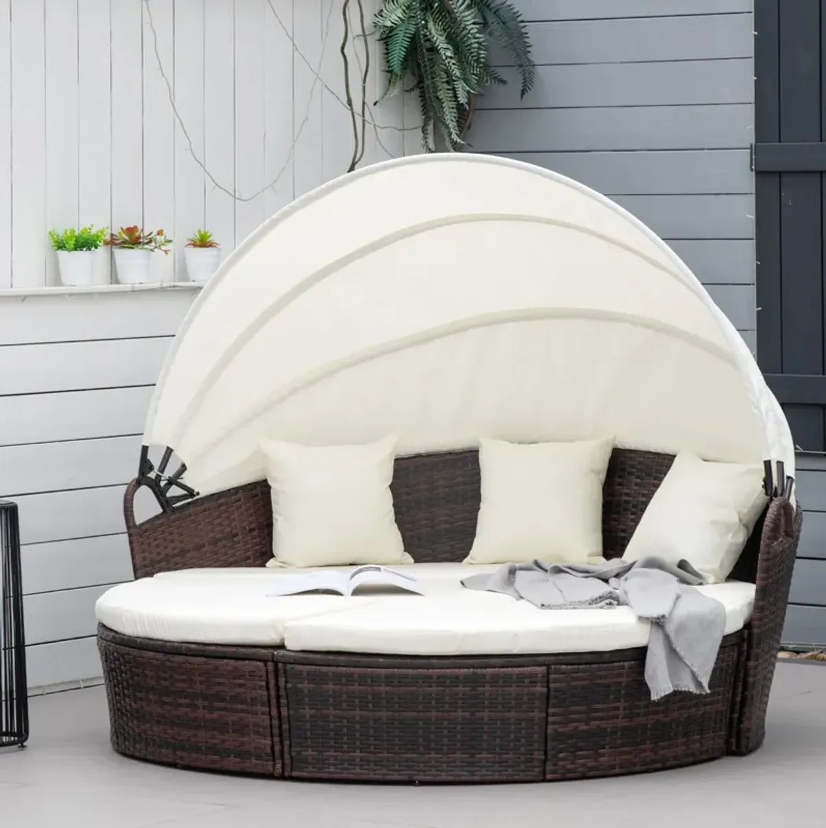 Backyard Rattan Retreat: 4pc Canopied Daybed Set with Plush Pillows