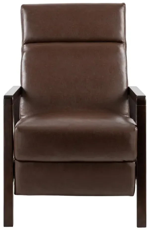 Ennie Pushback Recliner, Compact Rubberwood Frame, Dark Brown Faux Leather - Benzara