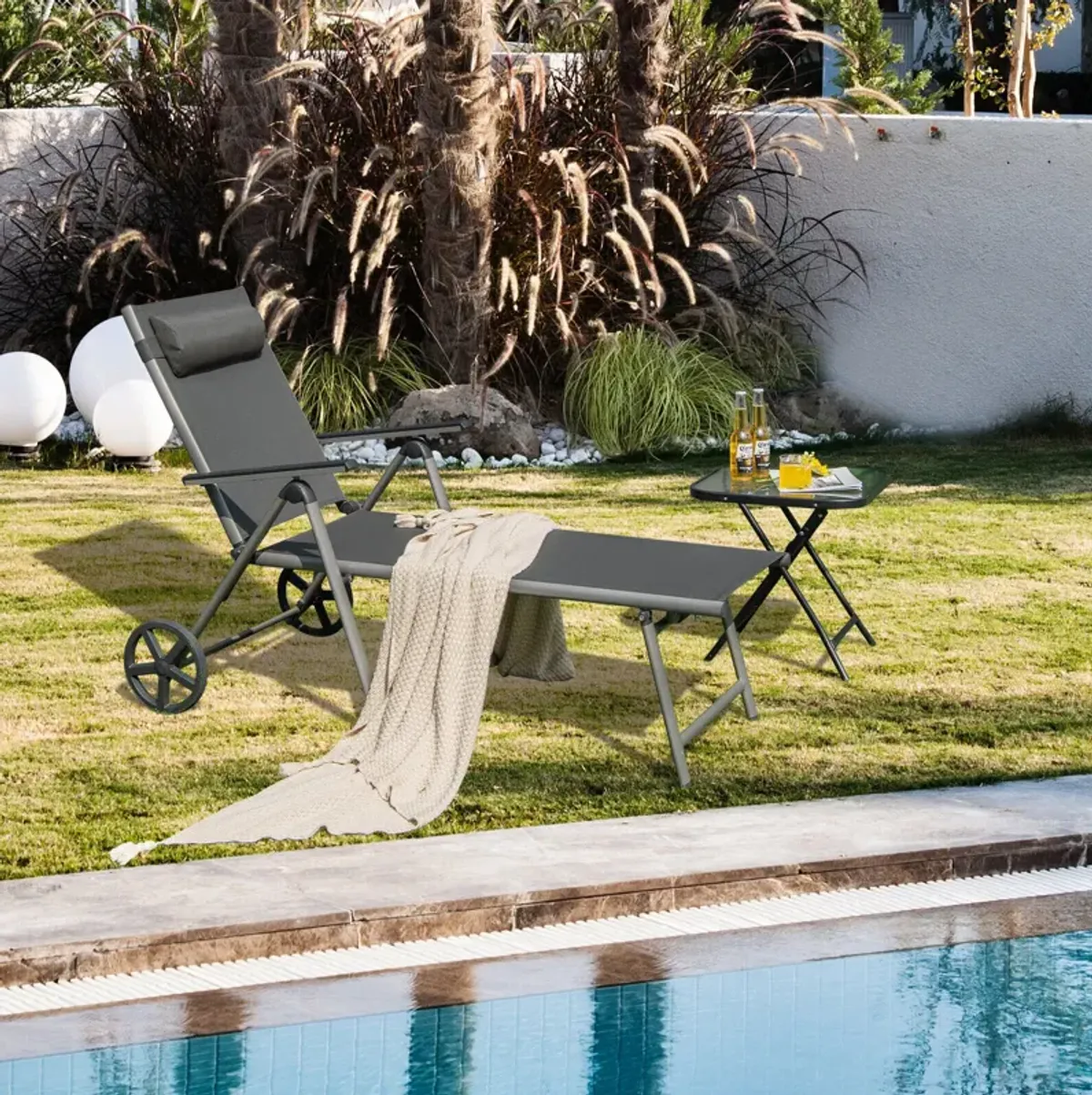 Adjustable Patio Folding Chaise Lounge Chair with Wheels