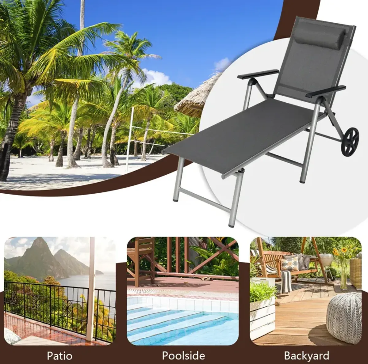 Adjustable Patio Folding Chaise Lounge Chair with Wheels