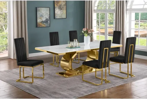 Best Quality Furniture 7pc Large(87) marble top dining set with gold base and 6 Black side chairs