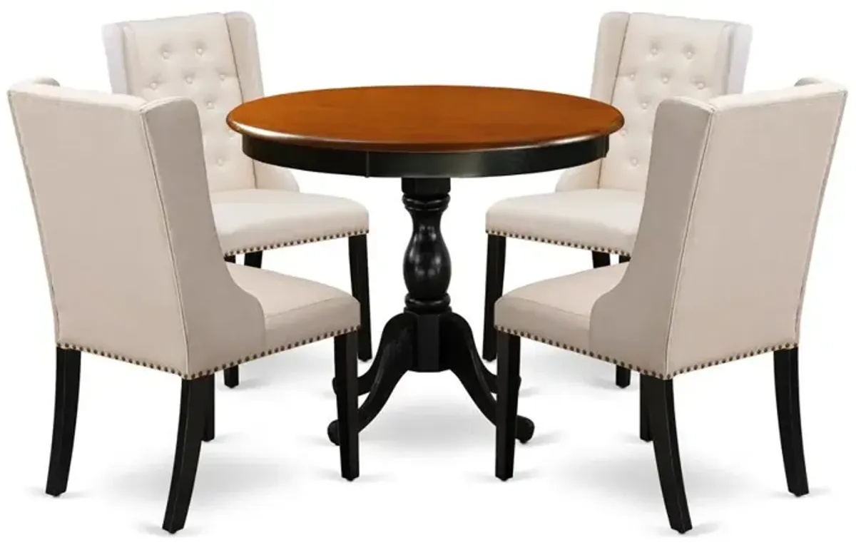 East West Furniture 5-Piece Modern Dining Table Set Contains a Wood Dining Table and 4 Cream Linen Fabric Dining Room Chairs with Button Tufted Back - Black Finish
