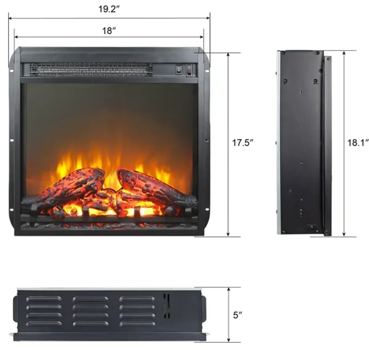 MONDAWE 18 Inch Electric Fireplace Insert, Ultra Thin Heater With Log Set & Realistic Flam, Overheating Protection