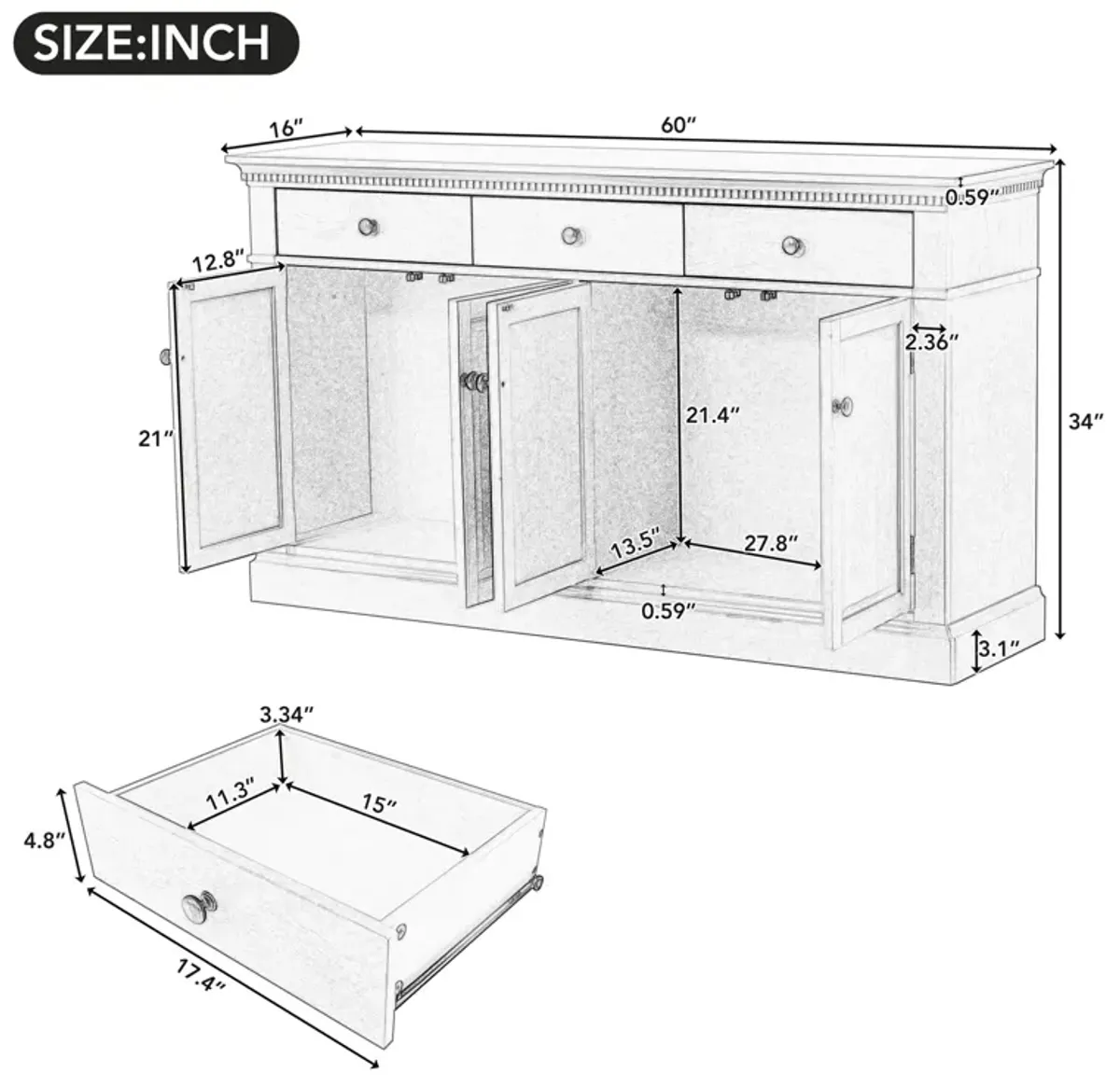 Retro Storage Cabinet Buffet Sideboard Console Table