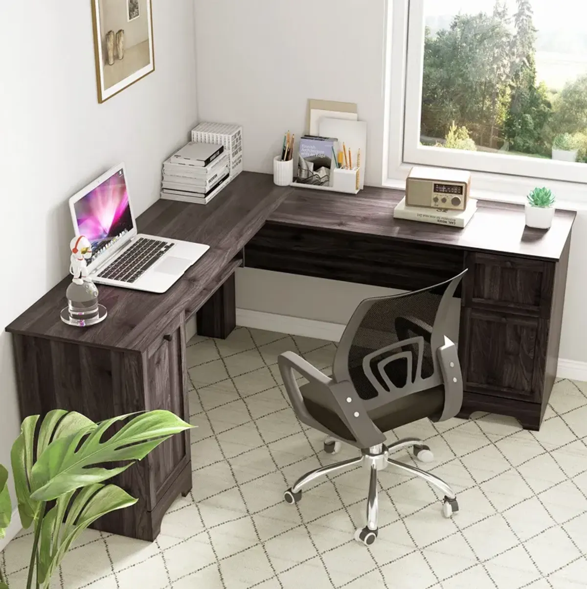 L-Shaped Office Desk with Storage Drawers and Keyboard Tray