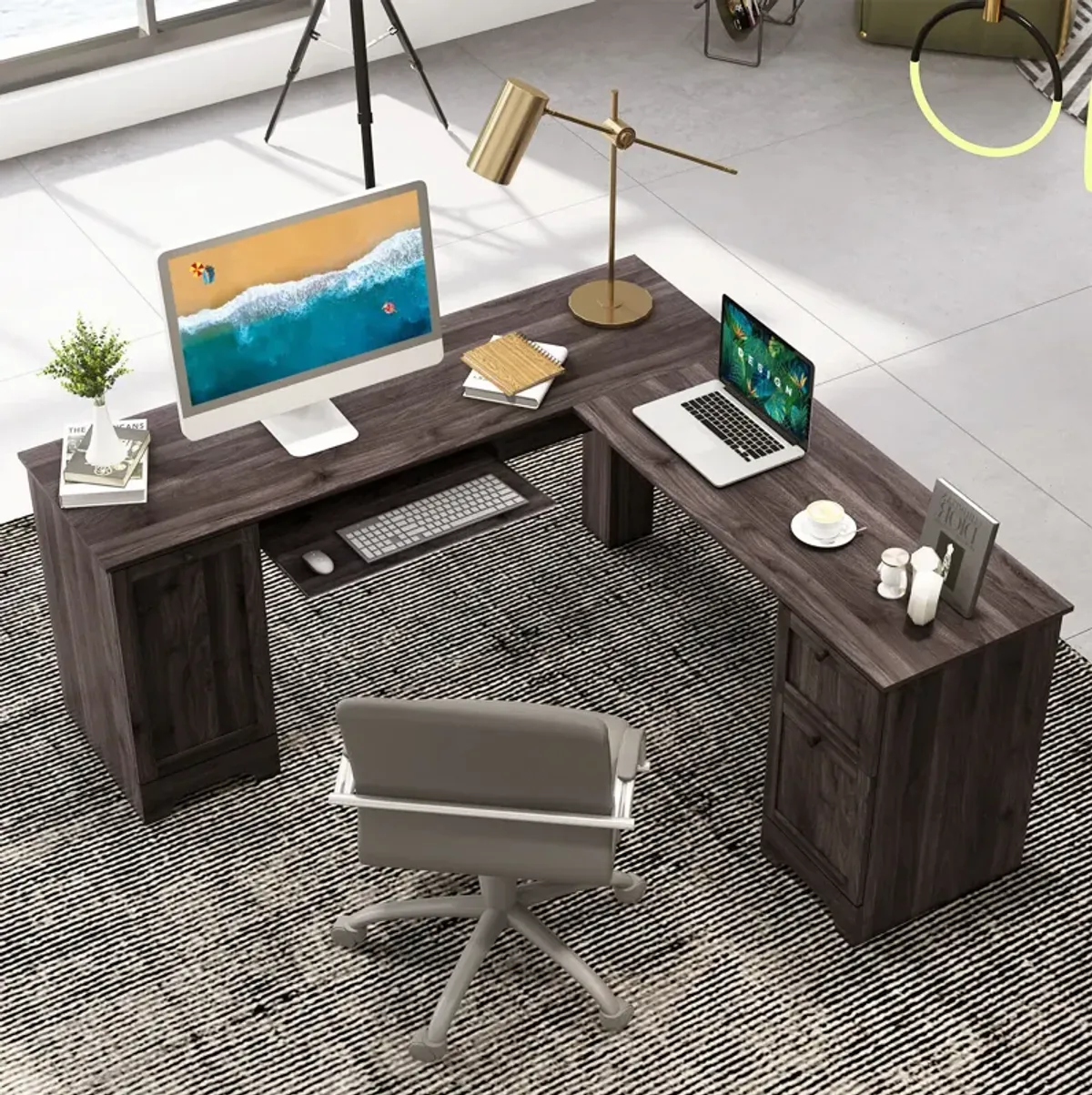 L-Shaped Office Desk with Storage Drawers and Keyboard Tray