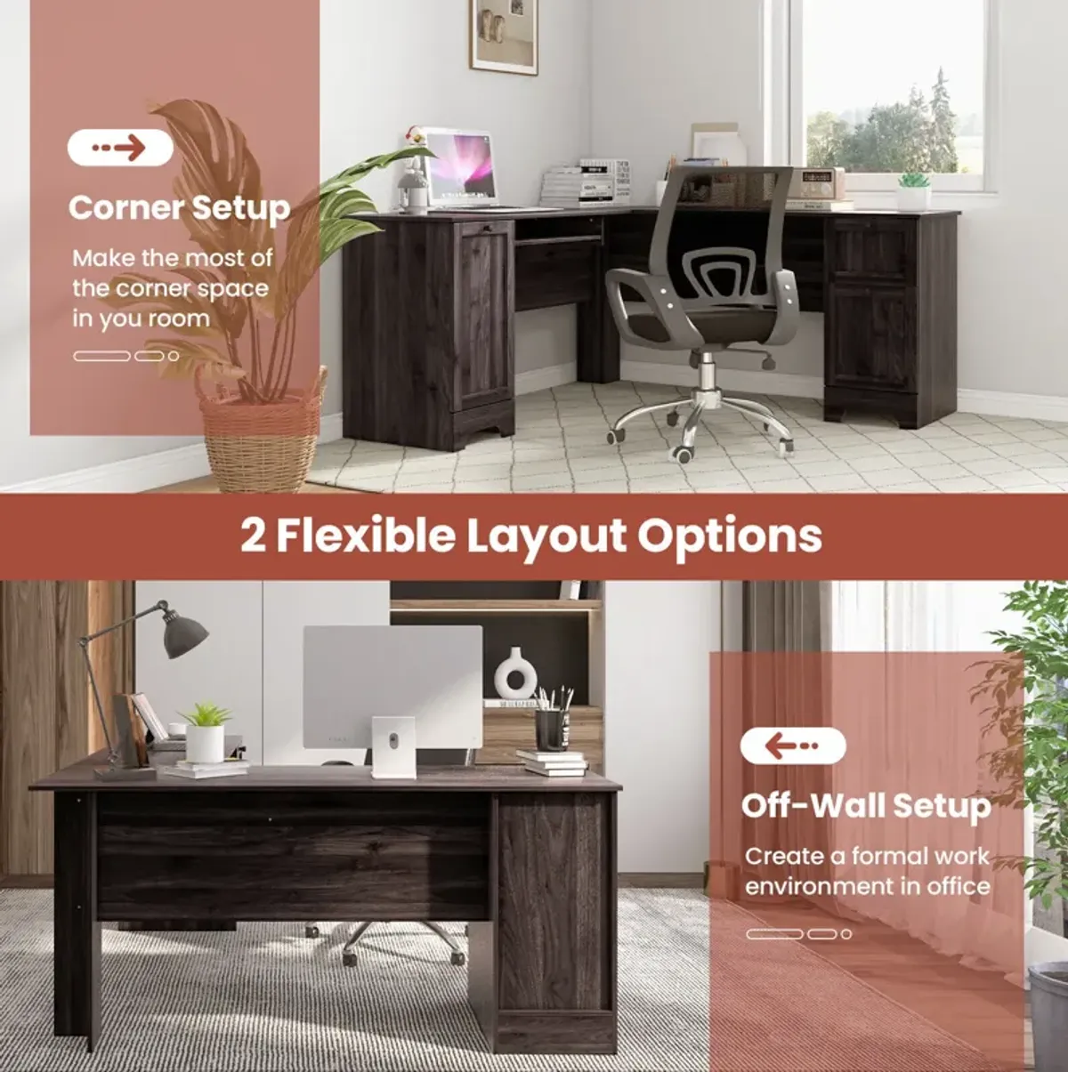 L-Shaped Office Desk with Storage Drawers and Keyboard Tray