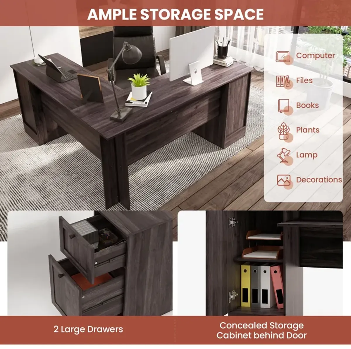 L-Shaped Office Desk with Storage Drawers and Keyboard Tray