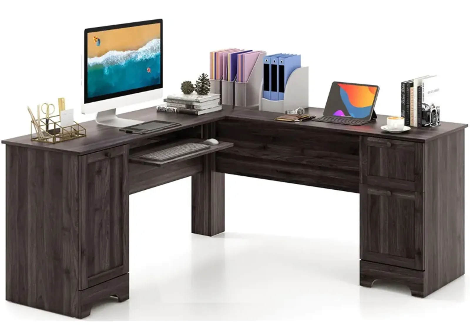 L-Shaped Office Desk with Storage Drawers and Keyboard Tray