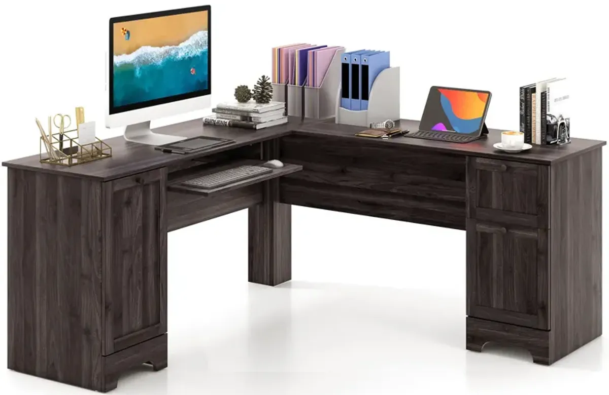 L-Shaped Office Desk with Storage Drawers and Keyboard Tray