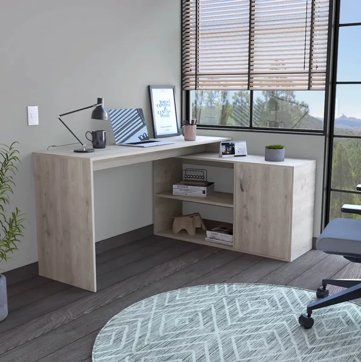 DEPOT E-SHOP Pearl L-Shaped Desk, Single Door Cabinet, Two Shelves, Light Gray