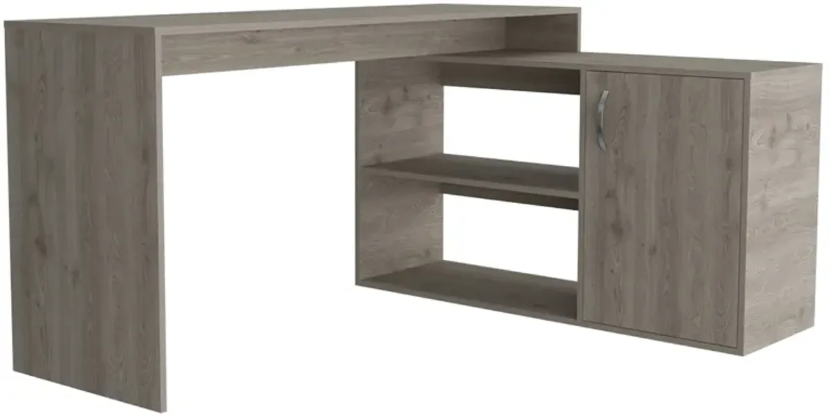 DEPOT E-SHOP Pearl L-Shaped Desk, Single Door Cabinet, Two Shelves, Light Gray