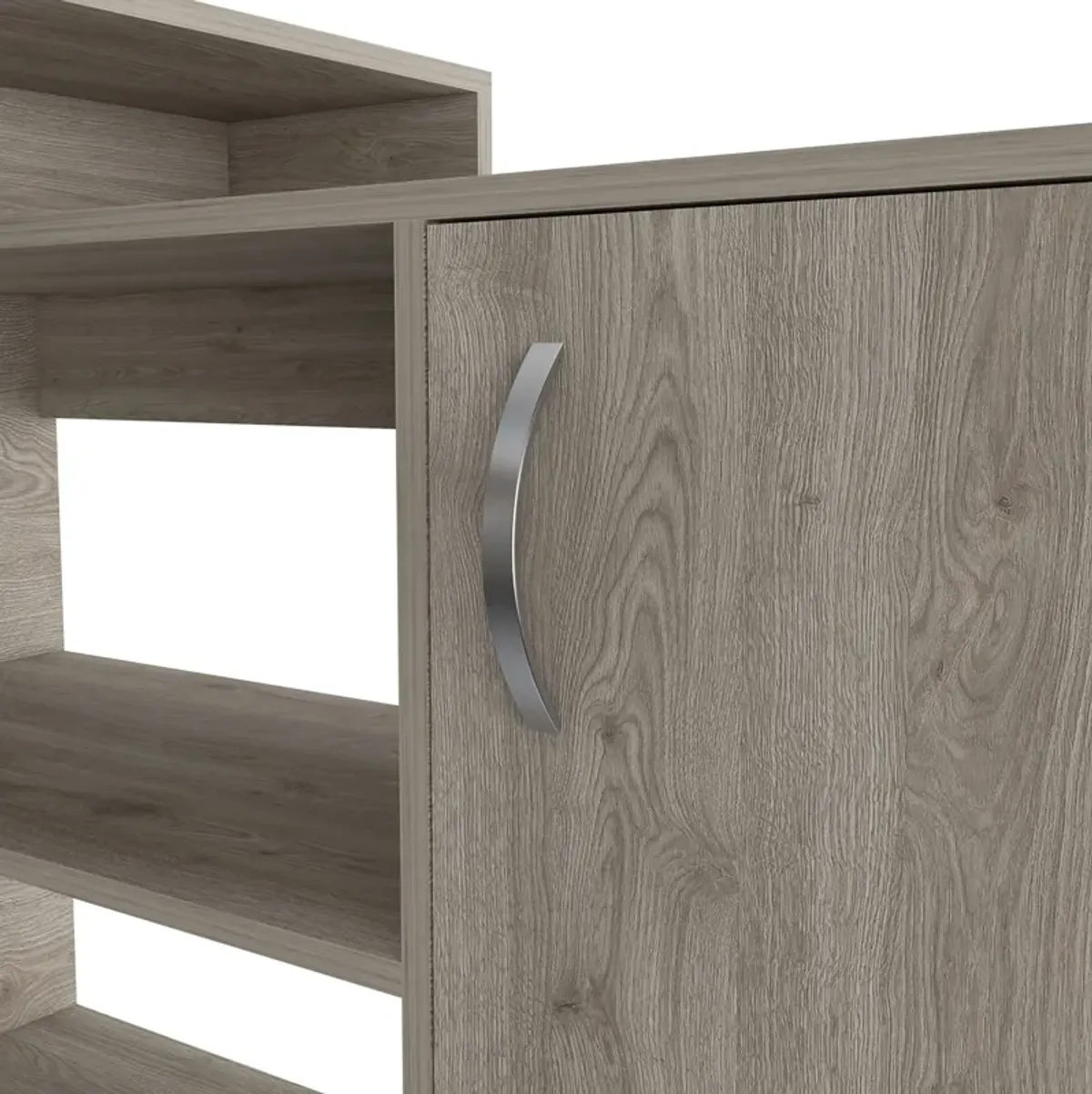 DEPOT E-SHOP Pearl L-Shaped Desk, Single Door Cabinet, Two Shelves, Light Gray
