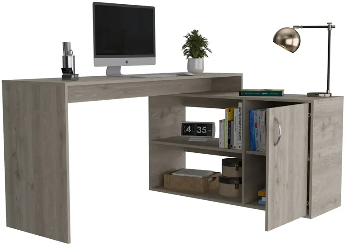 DEPOT E-SHOP Pearl L-Shaped Desk, Single Door Cabinet, Two Shelves, Light Gray