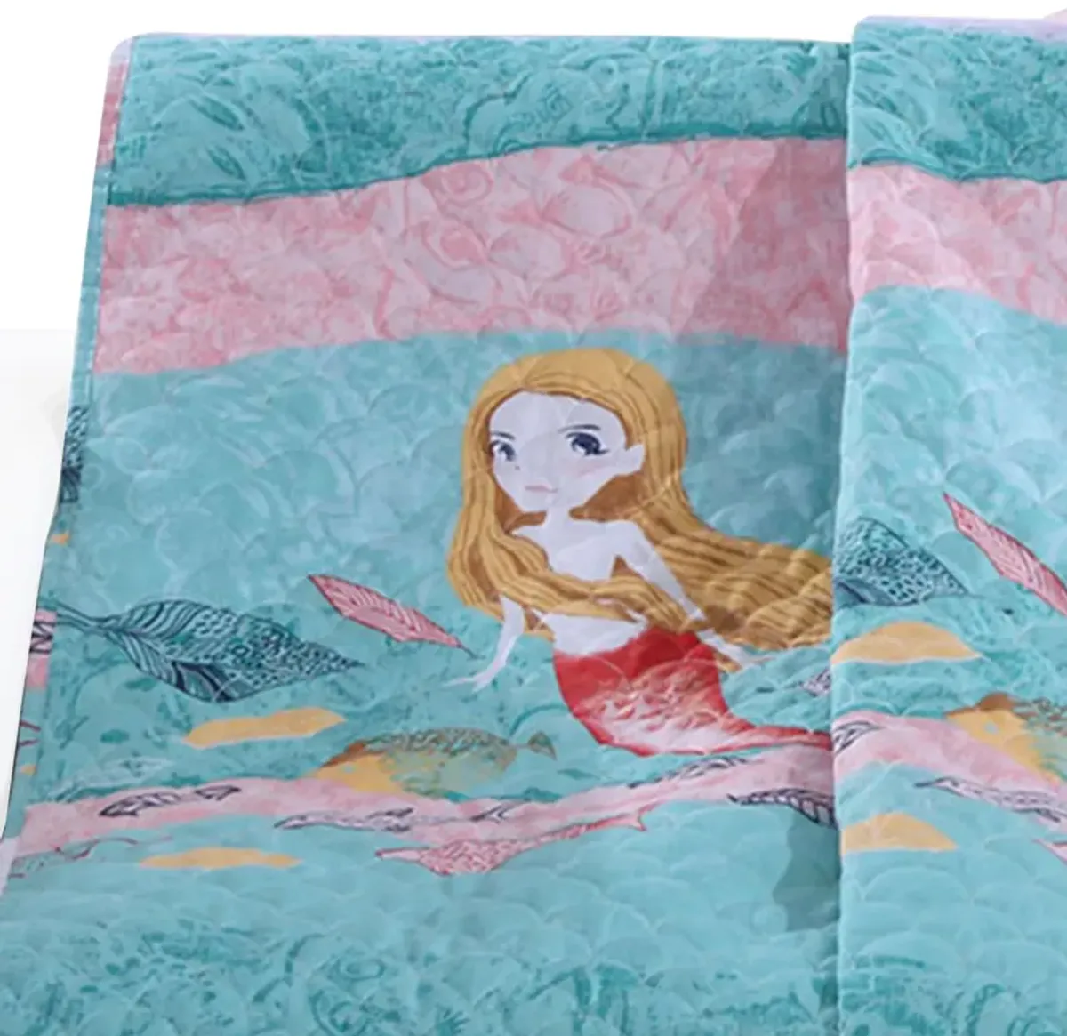 Wini 50 x 60 Inch Quilted Throw Blanket with Fill, Mermaid, Blue, Pink - Benzara