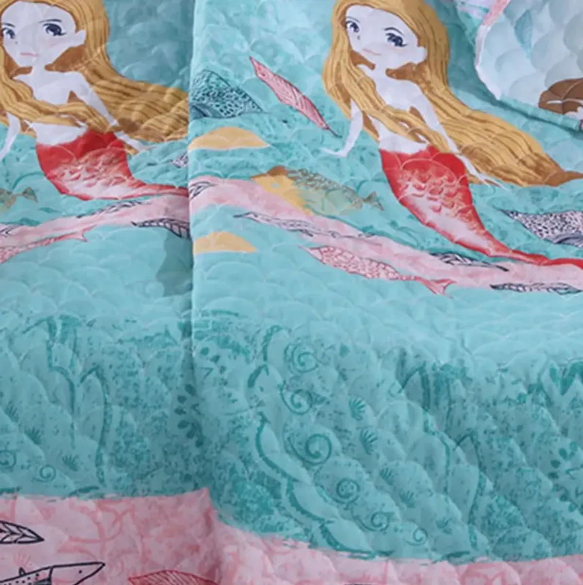 Wini 50 x 60 Inch Quilted Throw Blanket with Fill, Mermaid, Blue, Pink - Benzara